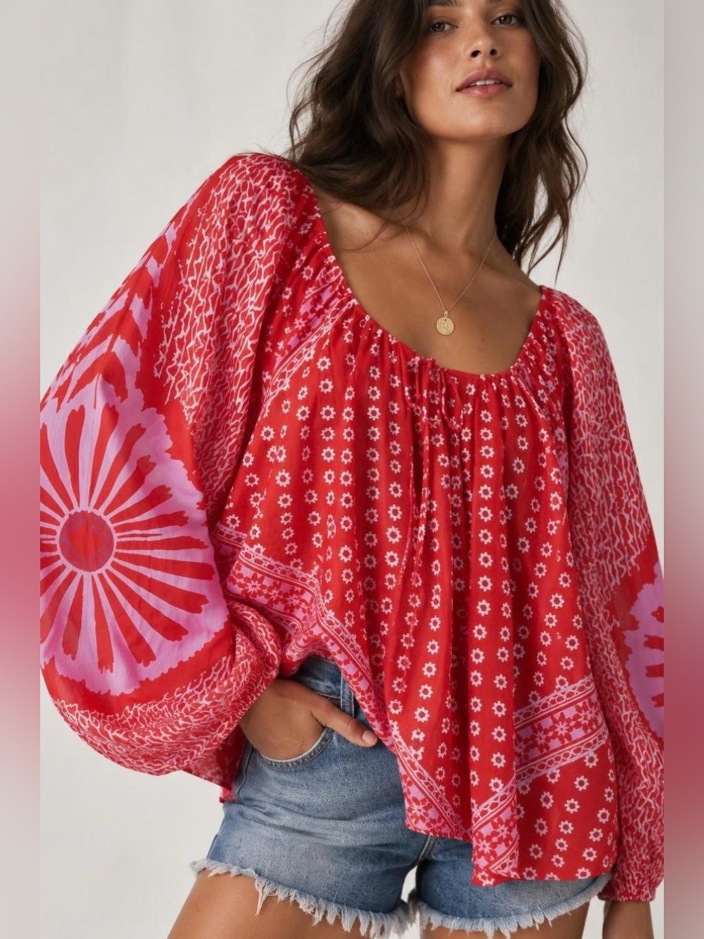 Free People Elena Boho Red Floral Peasant Top Size Small
